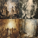 **Goblins dance in a circle in the light-flooded forest:: divine light, monochrome, burnt sienna, damaged Anthotype print, scratched, dynamic movement --v 6.0 --s 250** - <@1089203343378878556> (fast)