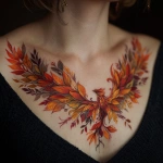 **chest tattoo on a women, tattoo of a phoenix bird made of leaves and feathers, leaves and feathers are fall colors** - Image #2 <@966519024106217482>