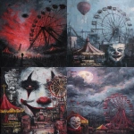 **the dark carnival at night seems normally and what the carnival really is underneath. Think all sorts of creepy carnival workers, creatures, strange rides, mazes, games, all of that. painting, --ar 8:11 --raw** - <@1035886146422583346> (fast)