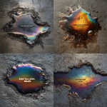 **oil spill on a concrete floor forming an irregular puddle shape, metallic rainbow reflections on the oil surface, text engraved or etched in the center reading "Enter a few basic details", camera facing directly above (top-down view), perfectly centered composition, realistic lighting, macro close-up photography, cinematic detail, warm tones, professional studio shot, high resolution** - <@1259923236419014656> (fast)