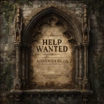 **medieval help wanted poster. "HELP WANTED" at the very top, and "ADVENTURERS REQUIRED" directly beneath that. Blank space in the center for private details. "PANDORAS HIDEAWAY" at the bottom. --s 750** - Image #3 <@337764771497508866>