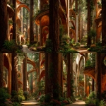 **round futuristic Venetian towers, structural vibes from an alien planet, mixed into a forest of redwoods that look like cathedral columns, paths wander into the vibrant secret gardens, sun cast through** - Variations (Strong) by <@1182158818818400348> (fast)