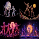 **Marionettes made of glowing jellybeans performing synchronized dance on a trampoline moon, outer space carnival, bright pop surrealism --ar 3:2 --v 7.0** - <@1017562001381265439> (fast)