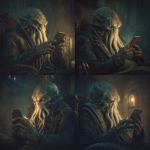 **Cthulhu chats with his friends on an old gods chat app on his phone. He is laughing, evilly.** - Variations (Strong) by <@1020426631959040100> (fast)