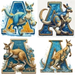 **a sports logo, A block letter A with a female Kangaroo running and a baby kangaroo in her pouch holding a football. colors are Bright Blue, Metallic Gold, and cream, cartoon style art, white background --s 250** - <@180156009745088513> (fast)