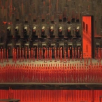 **The Panopticon, bad human storage facility, identical miniature orange figures in perfect rows, straight red line, surveillance, invisible prison, disguised CCTV cameras, impasto background, balanced composition, oil --ar 2:1 --raw** - Image #3 <@744210433703018499>