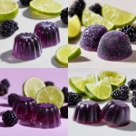 **close up photograph of 2 purple, dome shaped, quarter sized gummies. in the background are an assortment of lime wedges and blackberries on a solid white background** - <@1061750239708577893> (fast)
