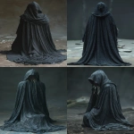 **Back view of a hooded figure in a large black textured cloak, kneeling low, body turned slightly left but mostly facing forward so her back is clearly visible. The cloak drapes fully to the ground, covering her feet. Hood up, concealing head, faint pale blonde strands of hair escaping at the sides. Dark, cinematic, moody atmosphere with shadowy lighting to match a graveyard scene. --ar 2:3 --v 6.0 --s 800 --no face, no cartoon, no anime, no 3d, no text, no gravestone --raw** - <@1244098075421708410> (relaxed)
-# Create, explore, and organize on [midjourney.com](<https://midjourney.com/imagine?from_discord=1>)