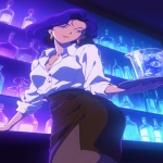 **Fuzzy 90s Anime screengrab, A night club filled with smoke and mirrors that reflect the single beauty standing back a bit walking forward, it's a woman in a business jacket and a long pencil skirt, dark brown stockings, she's carrying a tray with a large pitcher of ice that has glistening blueish square cubes inside and condensation down the glass, her hair midnight blue with purple tips and short cut hair ending around the shoulders, confident smile, narrow squinting blue eyes, pencil thin black eyebrows flat --ar 3:5 --niji 6** - Image #1 <@372629349565988865>