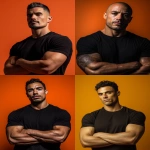 **Editorial portrait of a 30-year-old Brazilian man with an athletic physique, wearing a plain black personal trainer uniform, posing with his arms crossed. The image should capture the figure from the waist up. The background is a solid, infinity orange background. Professional lighting with a 45° softbox as the main light and a soft contour light to separate the model from the background, resulting in balanced and realistic shadows. Captured with a Canon EOS R5 camera and 85mm f/1.8 prime lens, f/5.6 aperture, ISO 100, shutter speed 1/160s, preserving the entire dynamic range. The skin should be as realistic as possible: open and visible pores, natural uneven texture, slight photographic grain, micro-details of expression lines, subtle dark circles and crow's feet preserved, soft glow in illuminated areas, balanced contrast between light and shadow, without excessive smoothing. The hair and clothing fabrics should have rich and detailed texture. Negative points: artificial skin, 3D/cartoon-like appearance, strange eyes, deformities, excessive saturation or sharpness, excessive artificial lighting, aggressive vignettes. --ar 3:4** - <@1088178834882433214> (fast)