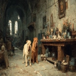 **2 different chinese shar-pei dogs walking and exploring an old church with haunted liminal, skeleton bones, altars with dead flowers and old, unlit candles with cobwebs on them --ar 16:9 --s 750 --v 7.0** - Image #4 <@1059982138138697728>