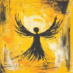 **Music graphic design block print with crayon / brushstrokes. Depicting an image of angel love, sun shining down. The overall style is very abstract and minimalist tribal with a lot of energy --v 6.1** - Upscaled (Subtle) by <@886913816171008040> (fast)