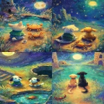 **The Moon tarot card in the style of Miroslav Sasek and Tataro Kimuchi. The image depicts two dogs sitting beside the road and an ocean crustacean is in the center of the road in the style of the Rider-Waite deck. The moon is shining down on them from above. In the background, there are some ruins and grass. There is also a lobster sitting near the water in front of the dogs. The illustration is painted in a vibrant amber and mocha color palette, evoking a dreamy and magical atmosphere. Soft round shapes, children’s book illustration style, clean and bright background. --ar 7:12 --sref 1567159629 --profile ouhb4r1** - <@409716268476923920> (fast)