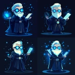 **Futuristic legal wizard mascot, glowing blue eyes, wearing a judge robe mixed with a wizard cloak, holding a digital scroll and a smartphone, cartoonish but clean, high-tech magical vibe, flat design - vector art --s 250** - Variations (Strong) by <@844314166369583134> (fast)