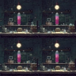 **pixel art spritesheet of high tech lab for a side scrolling game, pink embreo of baby beholder monster in water glass tube --v 7.0** - Variations (Region) by <@758874491680981014> (fast)