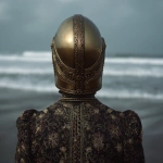**a cinematic still of the back view of a female warrior wearing an ancient golden helmet, standing on a beach with waves in the background. she is wearing dark gold and black with a floral pattern, in the style of tim walker. the shot is ultra-wide and symmetrical in composition, with a cinematic film grain effect. --ar 29:27 --v 7.0 --p 7t8d38w** - Image #2 <@995751013732581408>
