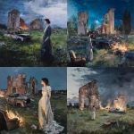 **The painting of a woman standing in a long dress at night in a meadow with the ruins of a church, surrounded by broken walls, an old burning car, an old armchair, as if moving, was painted by Jenny Saville.** - <@1106776019475636345> (fast)
-# Create, explore, and organize on [midjourney.com](<https://midjourney.com/imagine?from_discord=1>)