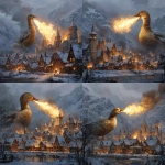 **a huge angry duck breathing fire out of his beak down onto a snowy medieval fortified village in the mountains. The giant duck has feathers that are softly glowing with a golden hue. Some of the wooden buildings are already on fire.** - Variations (Strong) by <@705576913632100503> (fast)
-# Create, explore, and organize on [midjourney.com](<https://midjourney.com/imagine?from_discord=1>)