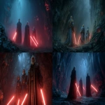 **Three figures enter a dimly lit cave - an elderly human male with a slight stoop wearing ornate robes, followed by two younger acolytes (one woman, one man) in blue and gold robes with light armor underneath. All three have glowing red lightsabers ignited, their blades providing the main source of light along with luminescent fungi on the rocky cave walls. The atmosphere is ominous and foreboding --ar 16:9** - <@1210033716529729568> (fast)