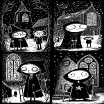 **Five of Pentacles tarot card by Sarah Andersen. The image is black and white and depicts a an old hag with crutches walking from left to right with a man behind her passing by the camera. They walk in the snow passing a church window with stained glass depicting five pentacles. The hag wears a cloak. all set against a black background, and the overall design is simple yet striking, in the style of Sarah Andersen. --ar 3:5 --profile fllp7es** - <@409716268476923920> (fast)
-# Create, explore, and organize on [midjourney.com](<https://midjourney.com/imagine?from_discord=1>)