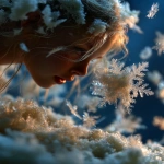 **view from bottom to top, winter fairy emerging from a pile of snow, neon glowing snowflake falling from her, quality snowflake macrophotography, studio photo against azure bg --v 7.0 --ar 4:5 --raw --c 5 --s 666** - Image #3 <@1152889510158401576>