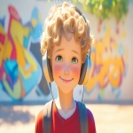 **a medium shot of a realistic illustrated happy 7-year-old Caucasian male student from America, they have a well-defined nose and a well-defined jawline, they have green eyes and curly blonde hair, they stand with their head and neck and shoulders completely square to the camera and facing forward, their entire body is facing forward, they wear a backpack, they have headphones on their head, they stand in front of a white wall with bright graffiti art spray painted on it, it is daytime, the sun is shining bright, high-definition, anime-style, --ar 16:9 --niji 6** - Image #4 <@1065025086664474674>