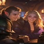 **<https://s.mj.run/VVV2XUVIgJw> illustration of two characters : a man human and a woman elf, looking at something in front of them, they look curious and cheerful, in a tavern lit by candles during nighttime (light coming from the left), natural colors, professional illustration, league of legends splash art style, mooncolony studio --ar 2:3 --niji 6** - Image #4 <@886738135285911622>
