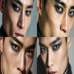 **full-face portrait of a fashionable 30-year-old Taiwanese man, long-shaped face, fair pale skin, thick eyebrows, large expressive double-lidded eyes, and naturally full lips, with softly contoured cheeks not sunken; styled with bold high-fashion smokey eye makeup in deep gray and black tones, paired with glossy lip color for a striking contrast; contemporary hairstyle with clean lines, cinematic editorial lighting highlighting makeup and hair details, blurred neutral background, sharp focus on facial features, refined fashion magazine aesthetic, no text, no watermark --ar 16:9** - <@1090872516857299025> (fast)