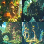 **Deformed, hidden mansion in the forest, mushroom-covered, ivy-covered, forest mansion, deformed, pop, scenery, no shadows --ar 16:9 --niji 6** - <@915835811092656128> (fast)
