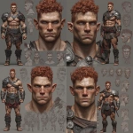 **Character design sheet. Realistic 3d rendering. Character design sheet of a ruggedly handsome, Hyper muscular handsome half orc, bodybuilder, bright silver eyes, short curly red Mohawk, short pointed ears, defined muscles, Huge leg muscles, huge pectoral muscles, big arm muscles, vascular hyper muscular, wide Grecian nose, strong square jaw, defined cheek bones, masculine features, freckles, Bodybuilder, short pointed ears, wearing Roman gladiator armor. --v 7.0** - Variations (Strong) by <@1222981214734913607> (relaxed)