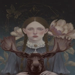 **a girl named Dorothy garland with a mahogany moose head in front a large flower, in the style of detailed portraiture, otherworldly illustrations, wizard of Oz, geometric aesthetics, the stars art group (xing xing), haunting portraits, painted illustrations --ar 74:105 --p 248jcws --s 50 --v 7.0** - Image #4 <@1007106543935823902>