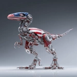 **a 3d rendered image of an industrial-style raptor robots with a glass chest head and american flag colour scheme metallic metal, an ultra-detailed illustration in the style of Atey Ghailan and Jacek Yerka, ultra-high resolution, in a dynamic pose, 4k --ar 13:20** - Image #1 <@1087506013407695028>