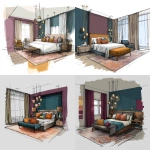 **a realistic layout design of a room. point of view is eye level. The room is 11′ 11″ (≈3.63 m) wide and 28′ 5″ (≈8.66 m) long and 6' high. Place the queen bed (with headboard against the wall). Mount curtains above the bed’s headboard; drape curtains to create a cocoon effect. On either side of the bed place two bedside tables. Layer a large rug extending forward from the bed into the centre of the room. Incorporate a cluster of pendant lamps above. Colours are jewel tones: Deep teal or charcoal indigo for the main wall behind the bed. Dusty plum for the side walls. Textiles Teal, rust, and gold appear in rugs and pillows.** - <@458629979165687852> (fast)