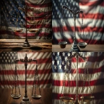 **Scales of justice weighed down by heavy iron chains, American flag draped in background, powerful symbolism, dramatic lighting, high realism --ar 16:9 --v 6.0 --raw** - <@1273779388386770994> (fast)