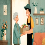 **elderly Korean woman receiving a meal delivery at home, smiling, delivery staff handing over a healthy meal box, cozy domestic setting, --ar 16:9** - Image #3 <@1331803127602614274>