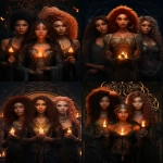 **Dark Goddess Book of Spells cover, three powerful dark goddesses standing together, one Asian, one Black, one White with flowing red hair, mystical and ethereal atmosphere, occult symbolism, moon phases, gothic witchcore aesthetic, ornate arcane sigils, glowing candles, dark enchanted forest background, rich parchment tones, highly detailed, intricate, dramatic lighting, fantasy realism, symmetrical composition --ar 17:22 --v 5.2** - Variations (Strong) by <@1193645643839848488> (fast)