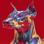 **close-up 3D render of Doberman against pure crimson background, 3d shapes soft and curvy shapes, cyberpunk surreal style, liquid chrome, grainy and little imperfections in the metal, polish finishings, angular sculptural silhouette, hyperdetailed, high-contrast, high-saturated and bright color palette, glossy metallic reflections, vibrant lapislazuli and carmine contrast --s 250 --ar 2:3 --v 7.0** - Image #1 <@1135564957887500341>