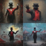 **a carnival ring master wearing a red vest and black suit with no face under his black top hat is welcoming you with his right arm to the creepy weird Lovecraftian carnival, as a front page art piece painting, --ar 8:11 --v 7.0** - <@1035886146422583346> (fast)