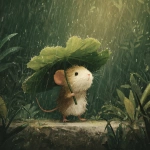 **rain falling down on a cute mouse's head as he stands in the forest holding a leaf umbrella for shelter** - Image #2 <@876524026938409061>