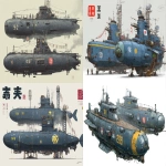**a dnd style concept art of two feudal japan iron and wooden arctic based space submarines, have different number in the hull, same size but not identical, dark industrial scifi style, labeled as marine research submarines, white and navy base with small hi-viz lime hazard markings, mechanical details, Japanese characters, realistic look, moody atmosphere, a little bit foggy, signal towers, various size nobori, have japanese anime mural on the hulls, signal cabbles, on a white background in the style of Studio Ghibli and Makoto Shinkai, cel-shaded, full-body, cartoon, 2D game art --ar 8:5** - <@1043498067623686144> (fast)
-# Create, explore, and organize on [midjourney.com](<https://midjourney.com/imagine?from_discord=1>)
