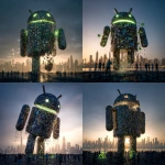 **<https://s.mj.run/rWcFtaYzAZ8> The Android Robot made of mobile phones is collapsing, there are gaps in the robot and it is crumbling away, people looking up at it, green malware bugs trying to get inside it, cityscape, hyperrealistic, photorealistic, metallic, glowing, raytrace, super realistic, magic hour, dramatic lighting, art style of Blade Runner --v 7.0** - <@1048326817838280714> (fast, stealth)