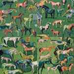 **<https://s.mj.run/1e0tbThXXWc> Abstract hand-painted animal oil painting featuring small foals in various shapes set against a green background. The composition has a pop art style with a low-saturation color palette, emphasizing three-dimensional depth, layered details, and rich textures for a visually dynamic and playful effect. --ar 3:4** - <@1087015770053148784> (fast)