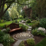**backyard memorial garden with mahogany bench, walking labyrinth, well landscaped, open landscape --s 750 --v 7.0 --ar 3:2** - Image #2 <@1007106543935823902>