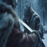 **cinematic image movie scene of a fantasy man in leather and furs fighting a khajiit --ar 16:9 --v 7.0** - Image #2 <@472489791414337556>