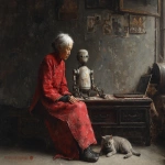 **Oil painting, moody lighting, prominent brush strokes, elderly grey haired Chinese woman dressed in a tattered and dirty red Qun Kwa wedding dress, robot companion, cat, Zhang Xiaogang's style, Painting on wall, family photographs, gazing into a dirty mirror in a dingy apartment, by Zhang Jingna, , melancholic atmosphere, cat, tattered robot companion, laptop computer --ar 5:4 --v 7.0 --no star wars characters --chaos 3** - Image #3 <@988364629556199494>