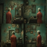 **Oil painting, moody lighting, prominent brush strokes, elderly grey haired Chinese woman dressed in a tattered and dirty red Qun Kwa wedding dress, Zhang Xiaogang's style, Painting on wall, family photographs, gazing into a dirty mirror in a dingy apartment, by Zhang Jingna, , melancholic atmosphere, tattered robot companion, laptop computer --ar 5:4 --v 7.0 --no star wars characters --chaos 5** - Variations (Strong) by <@988364629556199494> (fast)
-# Create, explore, and organize on [midjourney.com](<https://midjourney.com/imagine?from_discord=1>)