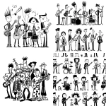 **black and white coloring book page, different music band styles, rock band with guitars and drums, jazz musicians with saxophone and upright bass, punk band with mohawks, classical orchestra musicians, hip hop group with microphones, country band with acoustic instruments, bold thick outlines, zero shading, no gradients, clean linework, simple shapes, white background, high contrast, vector art style, cartoon style, suitable for coloring, no gray tones --no shading, shadows, gradients** - <@1104973414864781503> (fast)