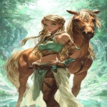 **<https://s.mj.run/x-bfnkC4zls> <https://s.mj.run/y2tZSvOzr-g> photorealistic, in the style of Artgerm and Boris Vallejo, anime style, centaur, distant view portrait of the centaur teenager, with long silky blonde hair, Irish beauty, her mare's body chestnut in color with streaks of off-white, standing in front of a hidden large shimmering lake of mystical beauty in the daylight, some trees here and there, staring into the camera with green eyes, playful pose as in a children's book illustration, 8k, UHD, digital --ar 24:37 --s 729 --p pb7o4b5 --sref 838990968 <https://s.mj.run/H4Rzb7WMHBo> <https://s.mj.run/XmjN-whuKWg> <https://s.mj.run/3YjbbC3OtVk> --v 7.0** - Image #4 <@203743660951470080>