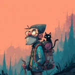 **<https://s.mj.run/RTecCqauTFQ> Reimagine this clean cartoon illustration in a painterly, atmospheric style. Use muted earthy tones blended with halloween colored pastels, textured brush strokes, and hazy gradients in the sky. Hiking through the forest with his cat. In the Pacific Northwest near the mountains during blue hour. Apply loose, expressive linework with subtle shading, crosshatching, and worn textures. Add depth and warmth through cinematic lighting and moody color grading. Expressions should remain exaggerated yet nuanced, balancing humor and melancholy within an atmospheric, storybook-like setting. Color Palette: 20% pastel periwinkle 40% pastel cotton candy 20% pastel sekura pink 10% pastel celadon 10% pastel black** - Image #2 <@757787837981786134>