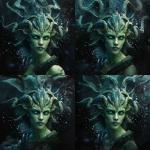 **an ancient eldritch sea goddess with green skin and demonic energy, strong ocean theme, attractive like a siren, head and upper torso portrait, zoomed out** - Zoom Out by <@1102368940535066624> (fast)
